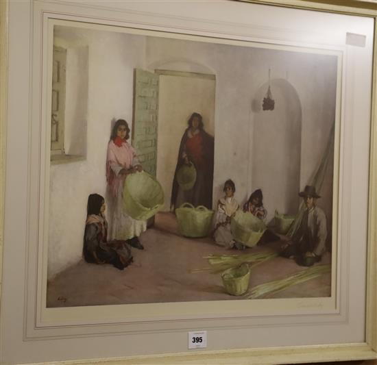 Sir Gerald Kelly, colour print, Interior with seated figures, signed in pencil, 50 x 63cm